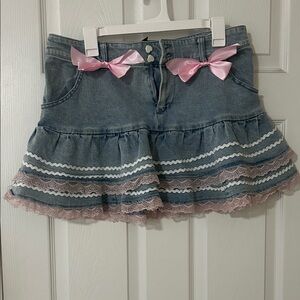 Stylish Denim Mini Skirt with Pink Lace by [Brand]